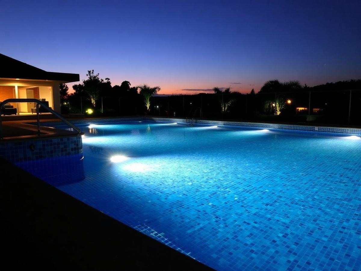 Renovated swimming pool with modern tiles and lighting